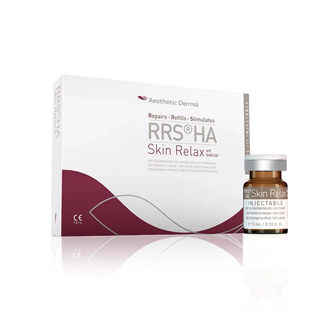 Box of RRS HA Skin Relax with 1 x 3ml vial, featuring a white and burgundy design, used for skin smoothing and hydration on the face, neck, and décolletage.