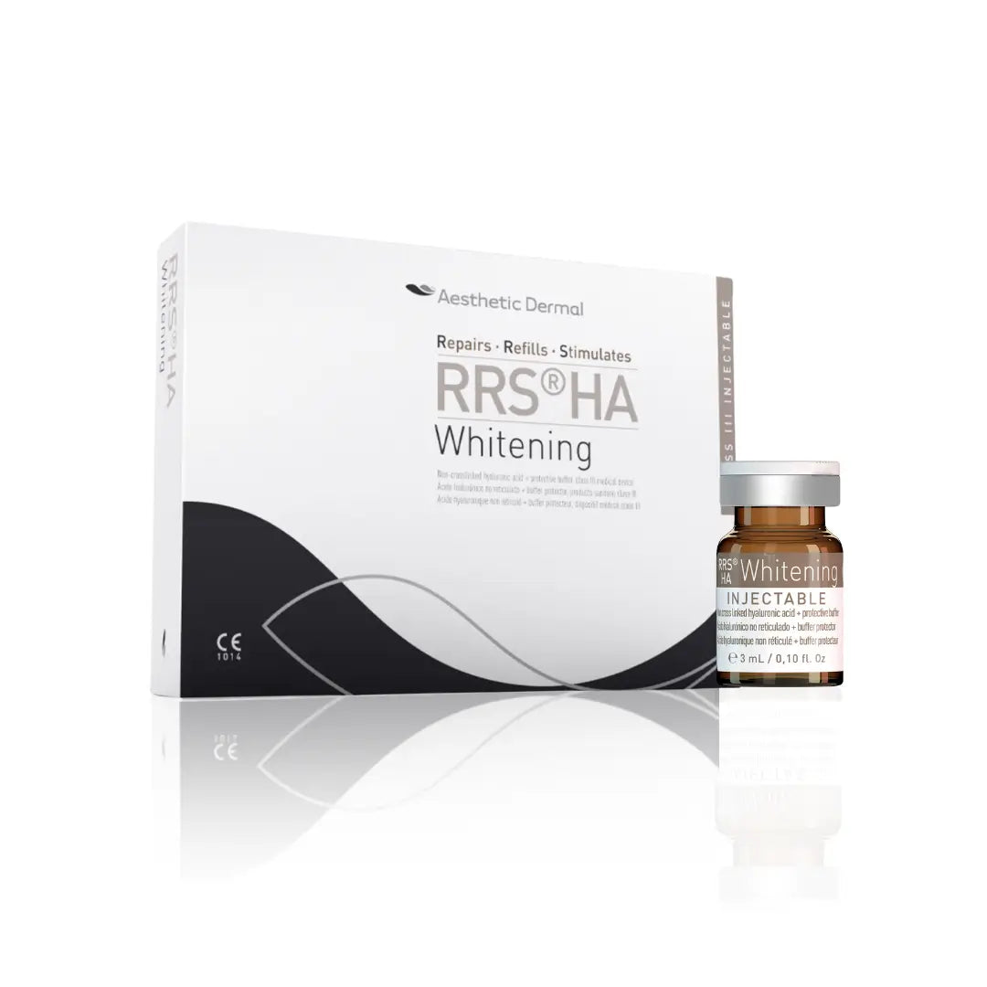 Box of RRS HA Whitening with 1 x 3ml vial, featuring a white and black design, used for skin tone improvement and hydration on the face, neck, and décolletage.