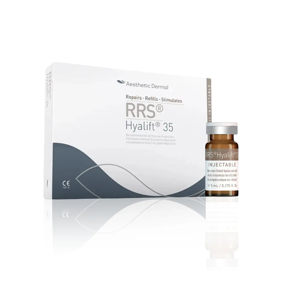 Box of RRS Hyalift 35 with 1 x 5ml vial, featuring a white and gray design, used for skin hydration and revitalization on the face, neck, and hands.