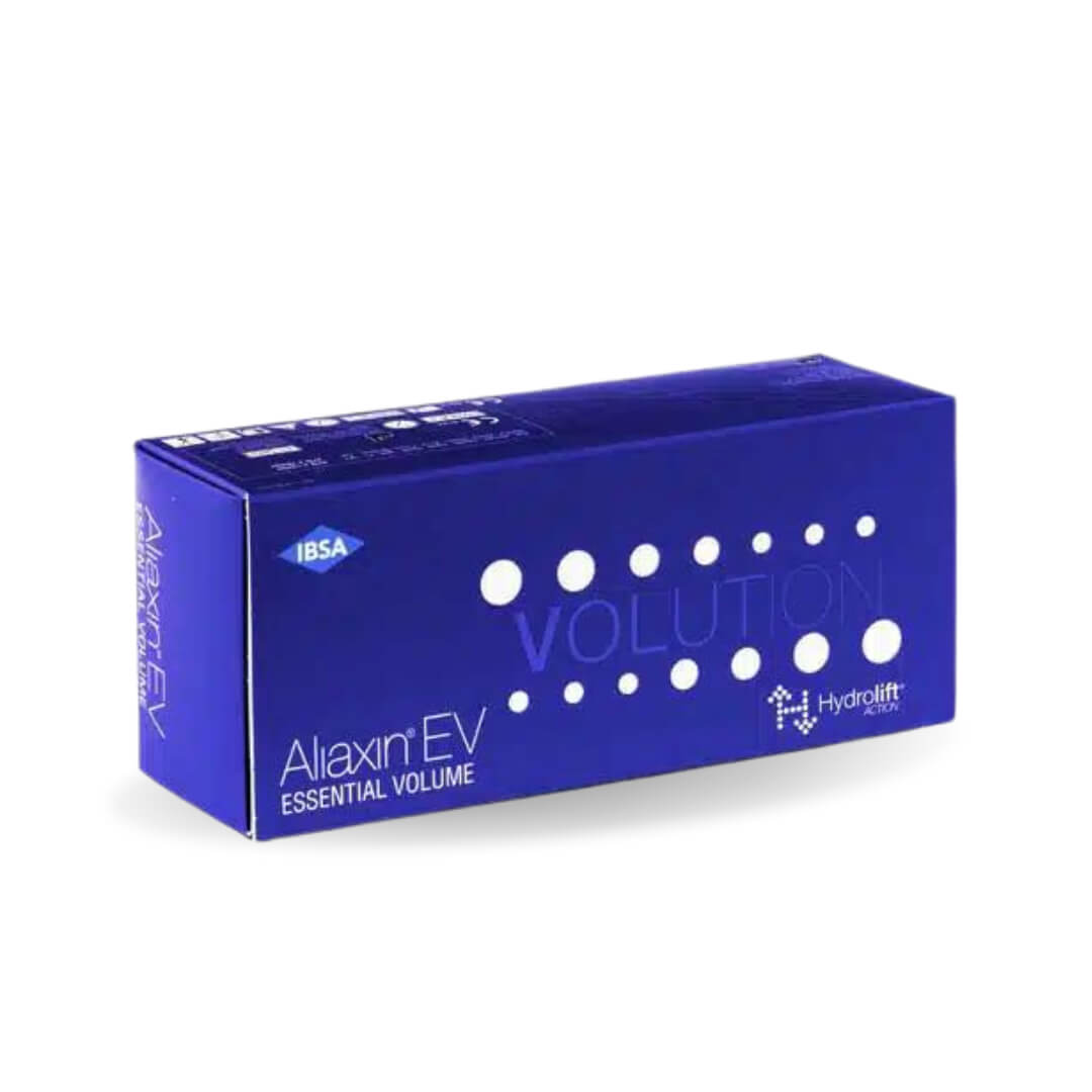 Aliaxin EV blue packaging with text highlighting hyaluronic acid for volume restoration and skin hydration