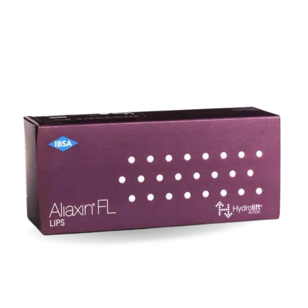 Aliaxin FL purple packaging, emphasizes lip and fine line treatments, includes 2 syringes for professional use.