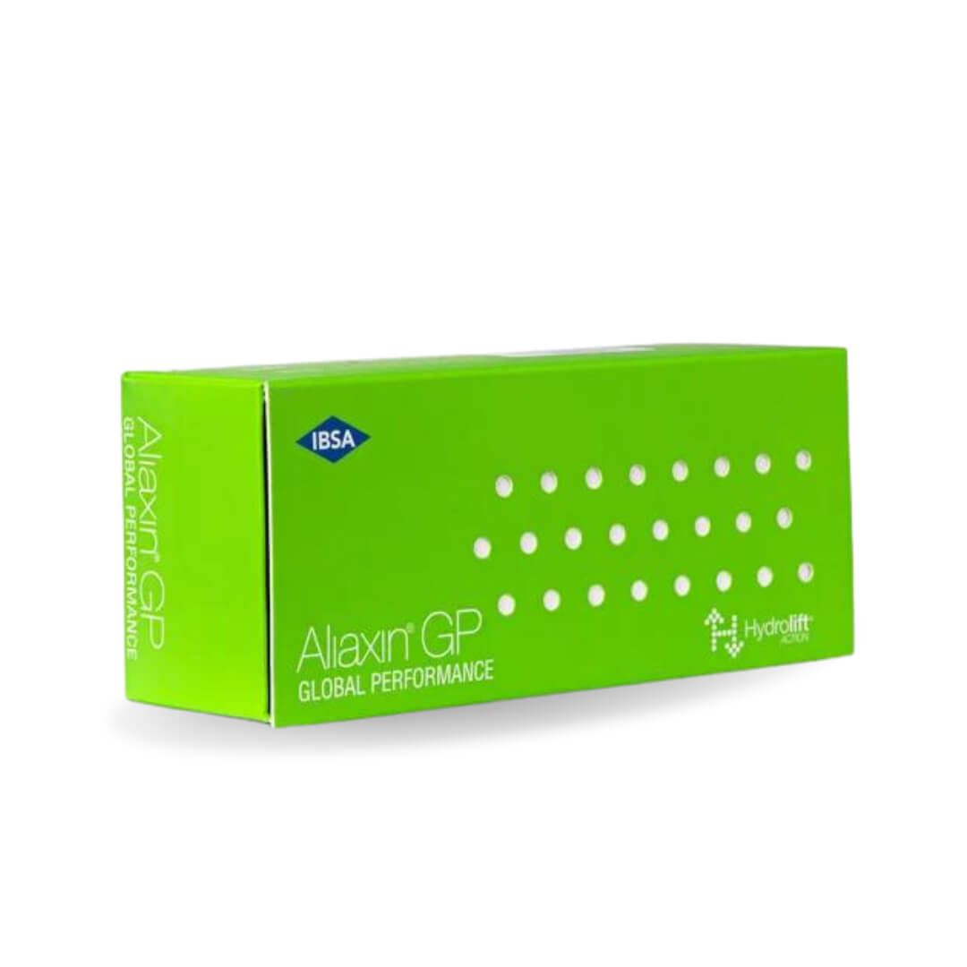 Vibrant green Aliaxin GP box, suitable for facial touch-ups, includes 2 syringes, corrects wrinkles and folds.