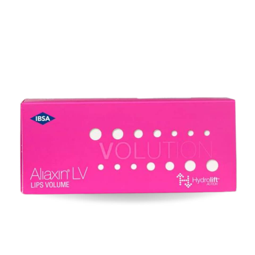 Bright pink Aliaxin LV box labeled for enhancing lips volume, includes 2 syringes, high-viscosity hyaluronic acid.