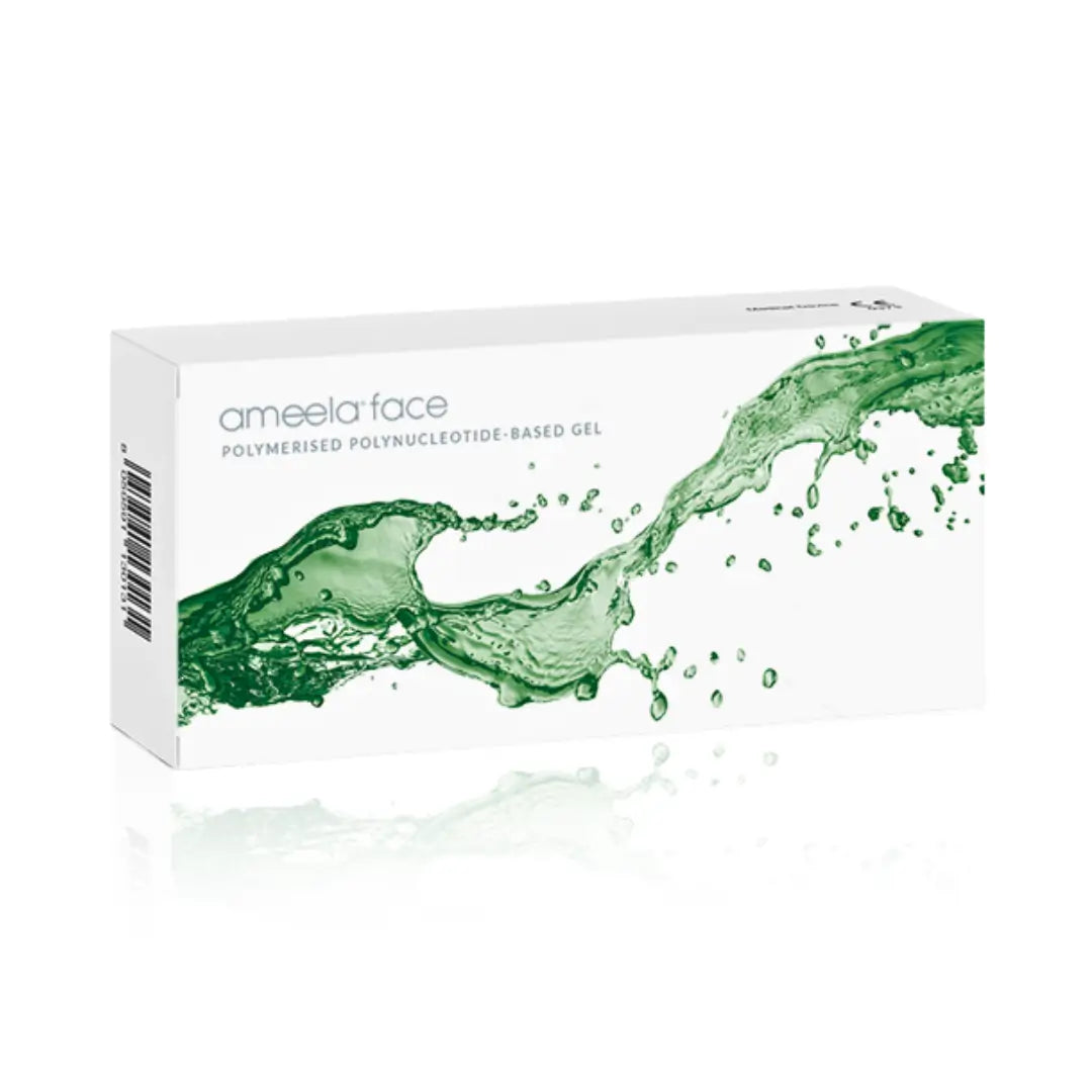Ameela Face 2ml box with white and green packaging featuring water splash graphics. Labeled as a polymerized polynucleotide-based gel for skin care.