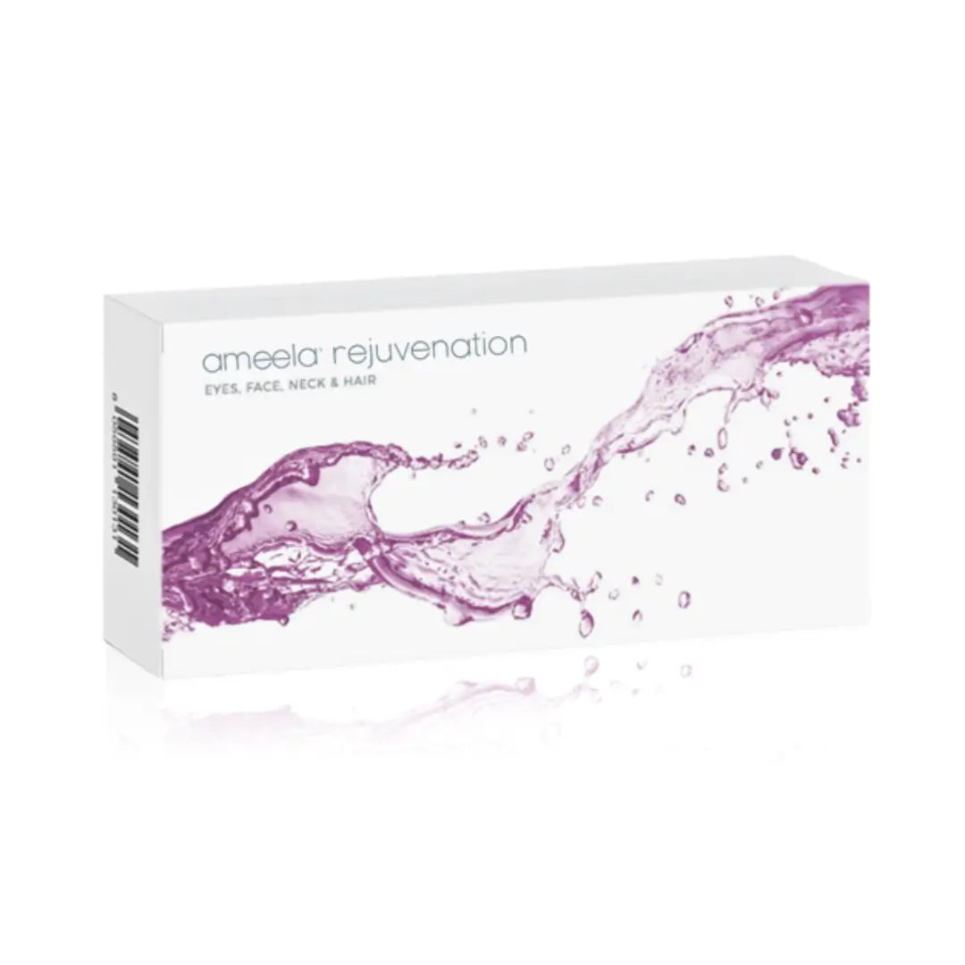 Ameela Rejuvenation 2ml box with white and purple packaging featuring water splash graphics. Labeled for use on eyes, face, neck, and hair.