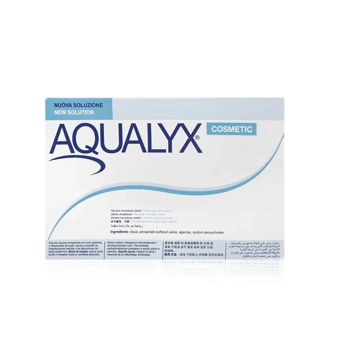 Aqualyx packaging box displaying 10 vials of 8ml each, designed for non-surgical reduction of localized fat under the skin, biocompatible and biodegradable.