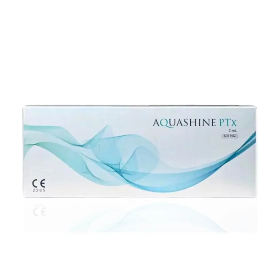 Aquashine PTX box showcasing a light blue wave graphic, 2ml size, indicated for skin rejuvenation treatments.