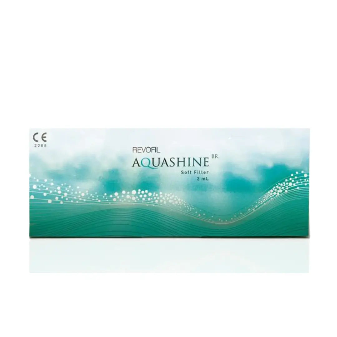 Aquashine Soft Filler BR 2ml box with a turquoise gradient and wave design, for skin brightening and line reduction.