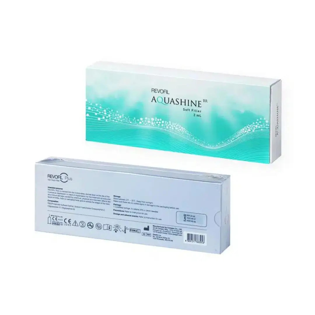 Packaging of Aquashine Soft Filler BR showing 2ml syringes with details on skin elasticity and spot reduction.