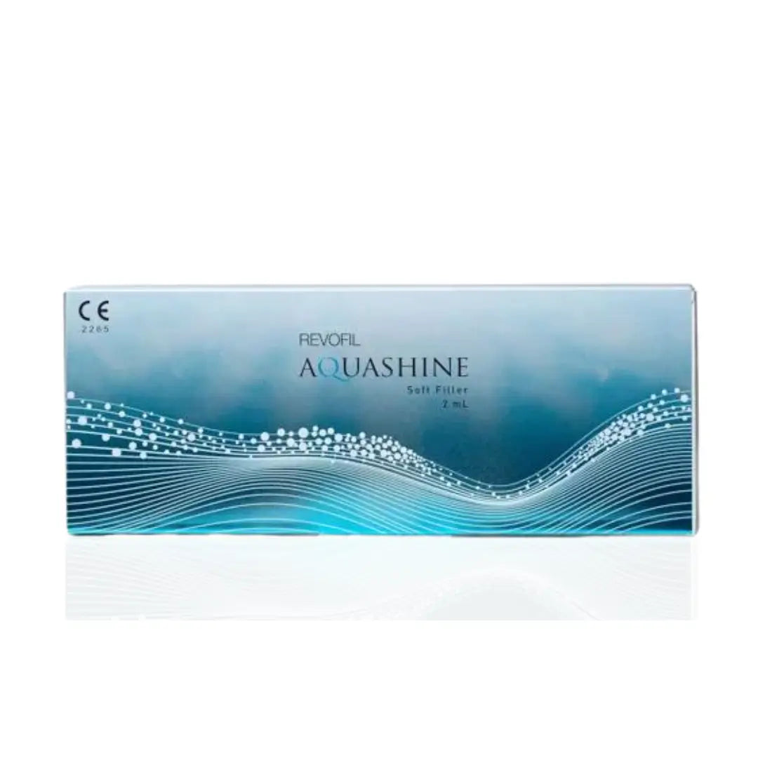 Aquashine Soft Filler box with 2 x 2ml syringes, featuring a blue wave design, for skin rejuvenation and wrinkle reduction.