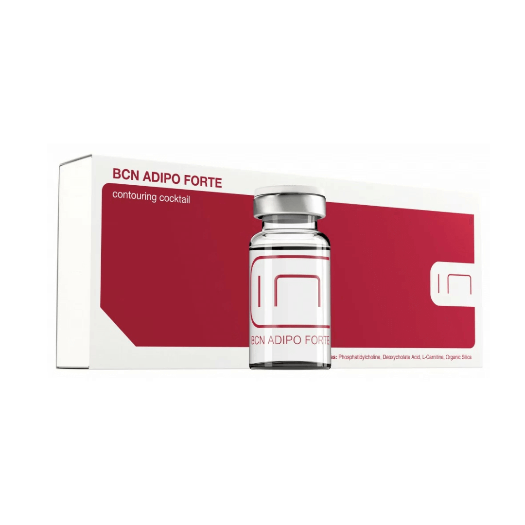 BCN Adipo Forte packaging showing one vial and box, highlighting the anti-cellulite formula designed to enhance body contours and treat localized fat.