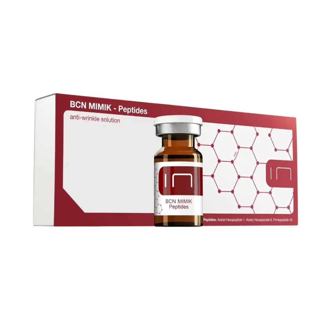 BCN Mimik Peptides anti-wrinkle solution box with a glass vial, 5 x 3ml, for reducing facial lines and improving skin texture.