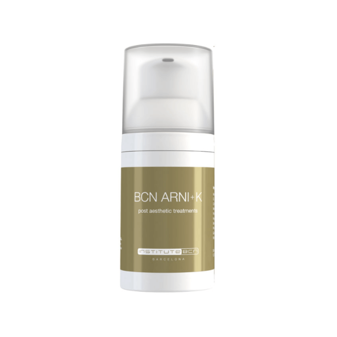 Close-up of BCN Arni+K cream bottle, a post-treatment solution to reduce irritation and improve skin recovery, 35ml.