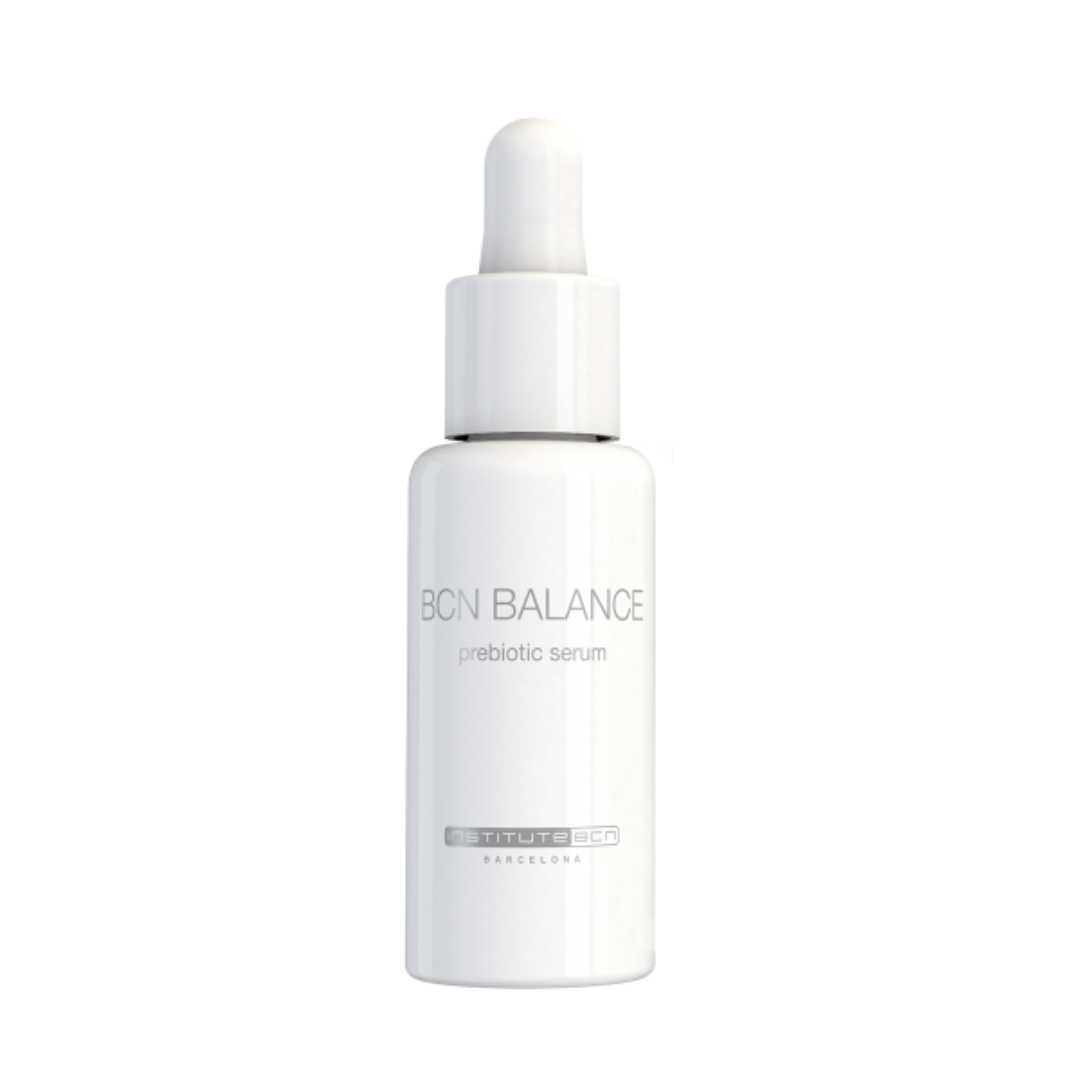 Close-up of BCN Balance prebiotic serum bottle, a skin soothing and moisturizing treatment suitable for all skin types.