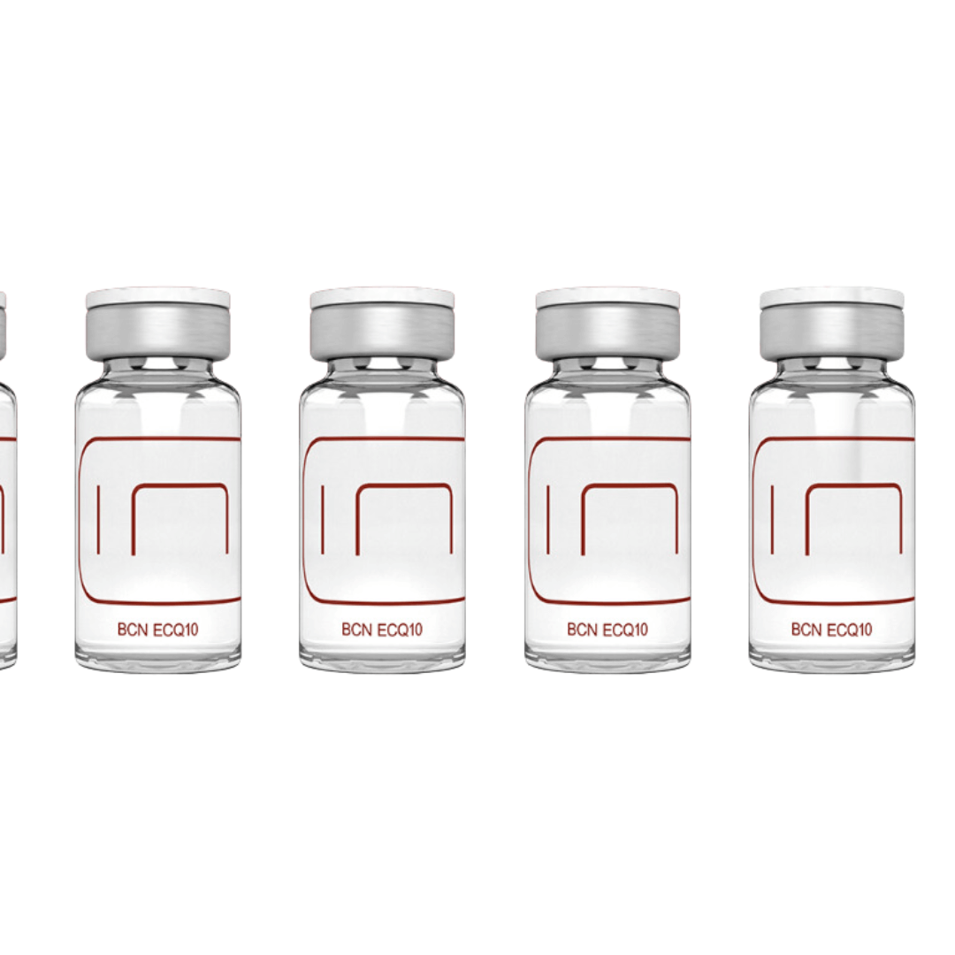 BCN ECQ10 vial containing a blend of collagen, elastin, and coenzyme Q10, designed to firm, smooth, and hydrate skin for a youthful appearance.