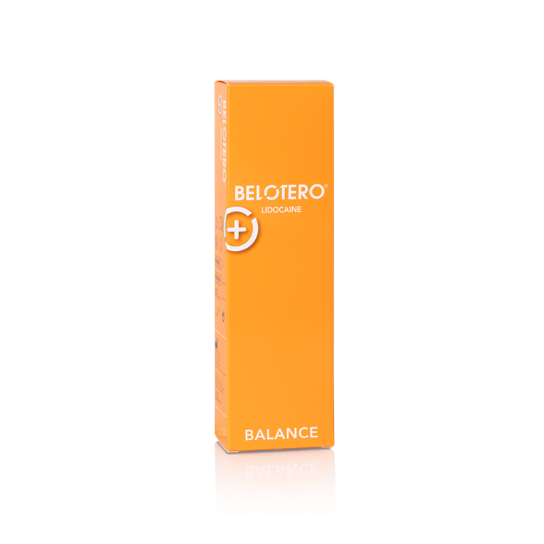 Belotero Balance Lidocaine 1ml syringe packaging, bright orange box with white text, ideal for correcting medium to deep lines and adding volume, contains lidocaine for comfort during injections.