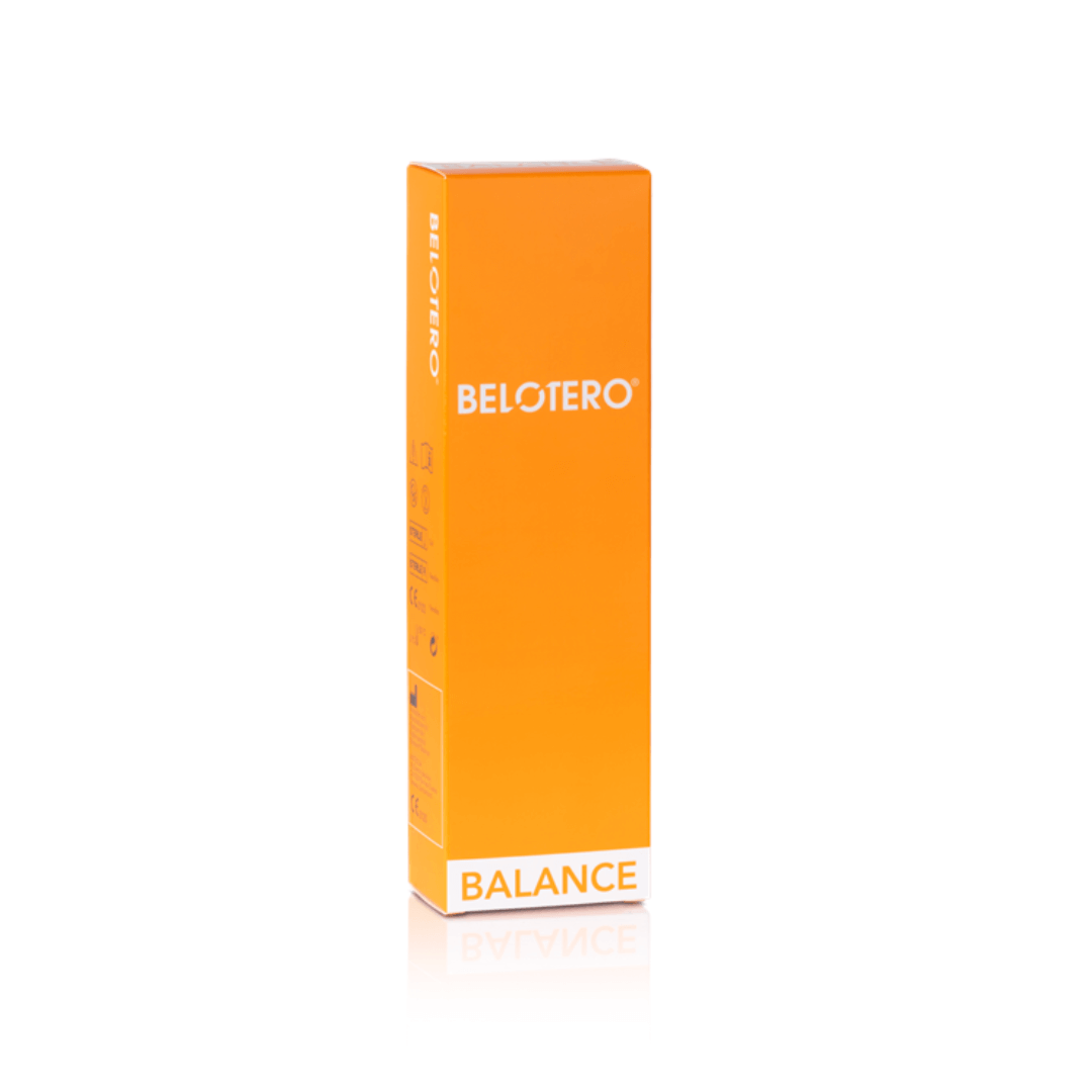 Belotero Balance 1ml syringe packaging, bright orange box with white text, for correcting medium to deep lines and adding volume.