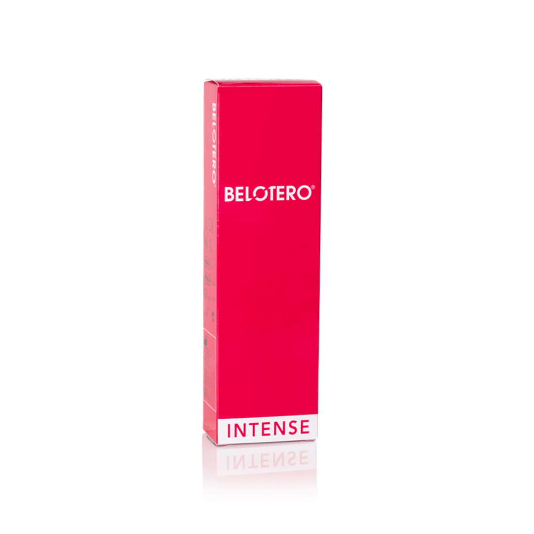 Belotero Intense 1ml syringe packaging, bright red box with white text, corrects fine to deep lines and adds volume.