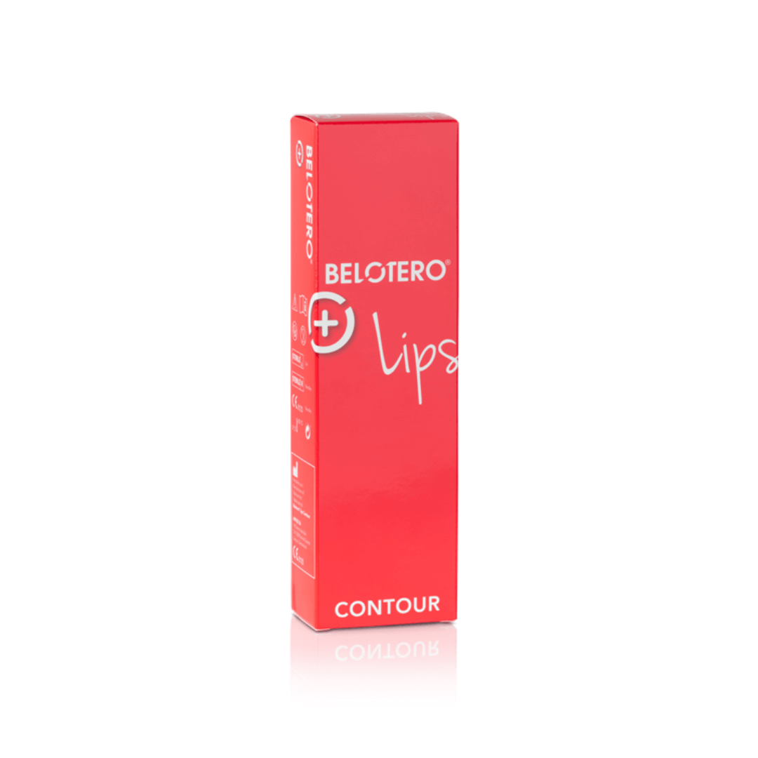 Red box of Belotero Lips Contour Lidocaine 0.6ML for lip contouring and fullness with a syringe and needles included.
