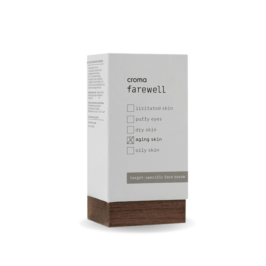 Croma Farewell Aging Skin 30ML serum box, featuring marine ferment extract and plant-derived retinol alternative for firming and lifting.