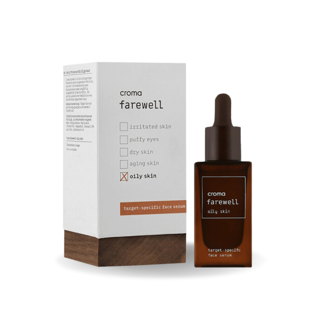 Croma Farewell Oily Skin serum bottle and packaging, with hyaluronic acid and zinc complex to control oil production and maintain hydration.