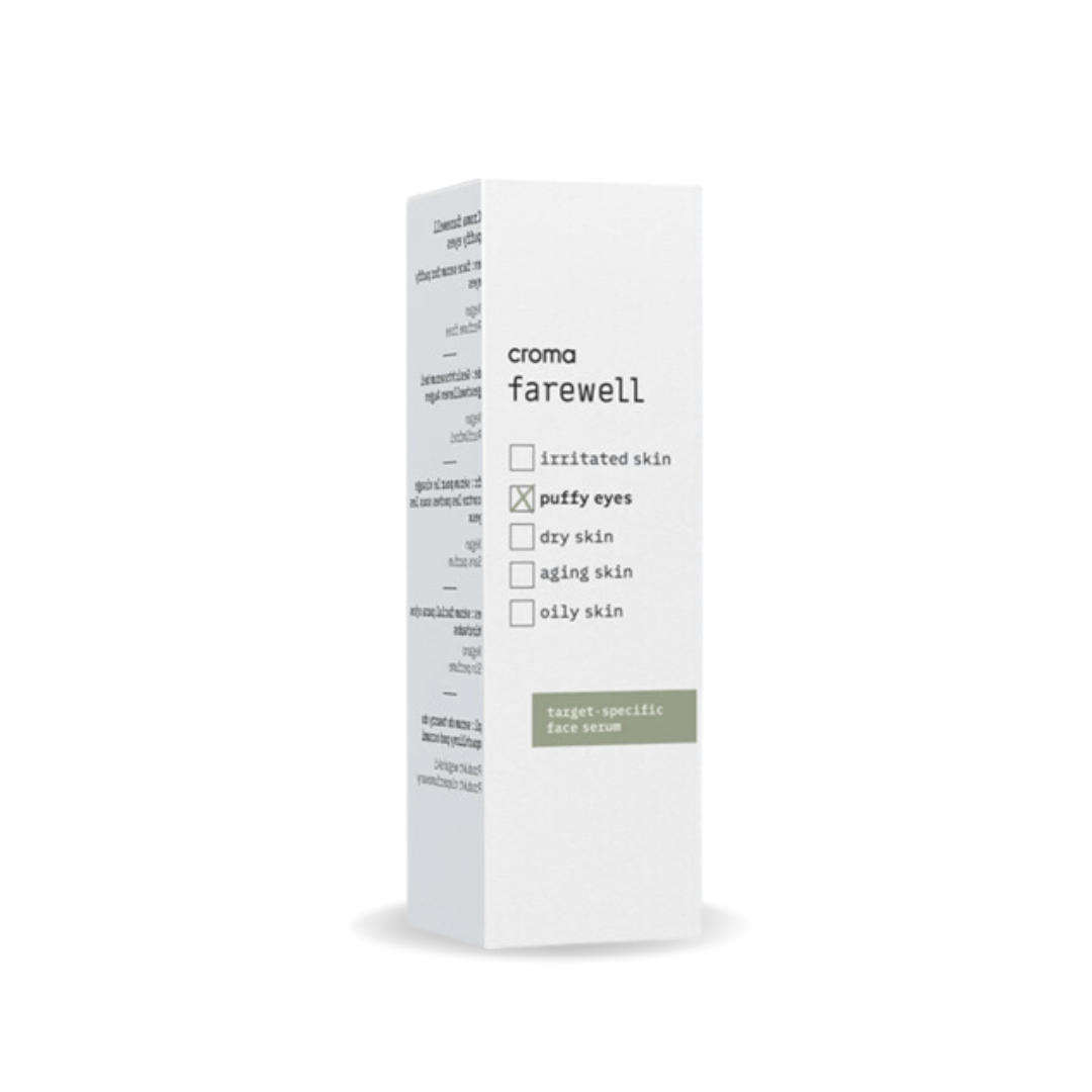 Croma Farewell Puffy Eyes serum 5ml packaging, designed to reduce puffiness and dark circles under the eyes, featuring key ingredients like hyaluronic acid and niacinamide.