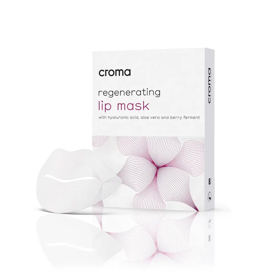 Croma regenerating lip mask box with lip-shaped mask shown, hydrating and nourishing for dry lips, pack of 8.