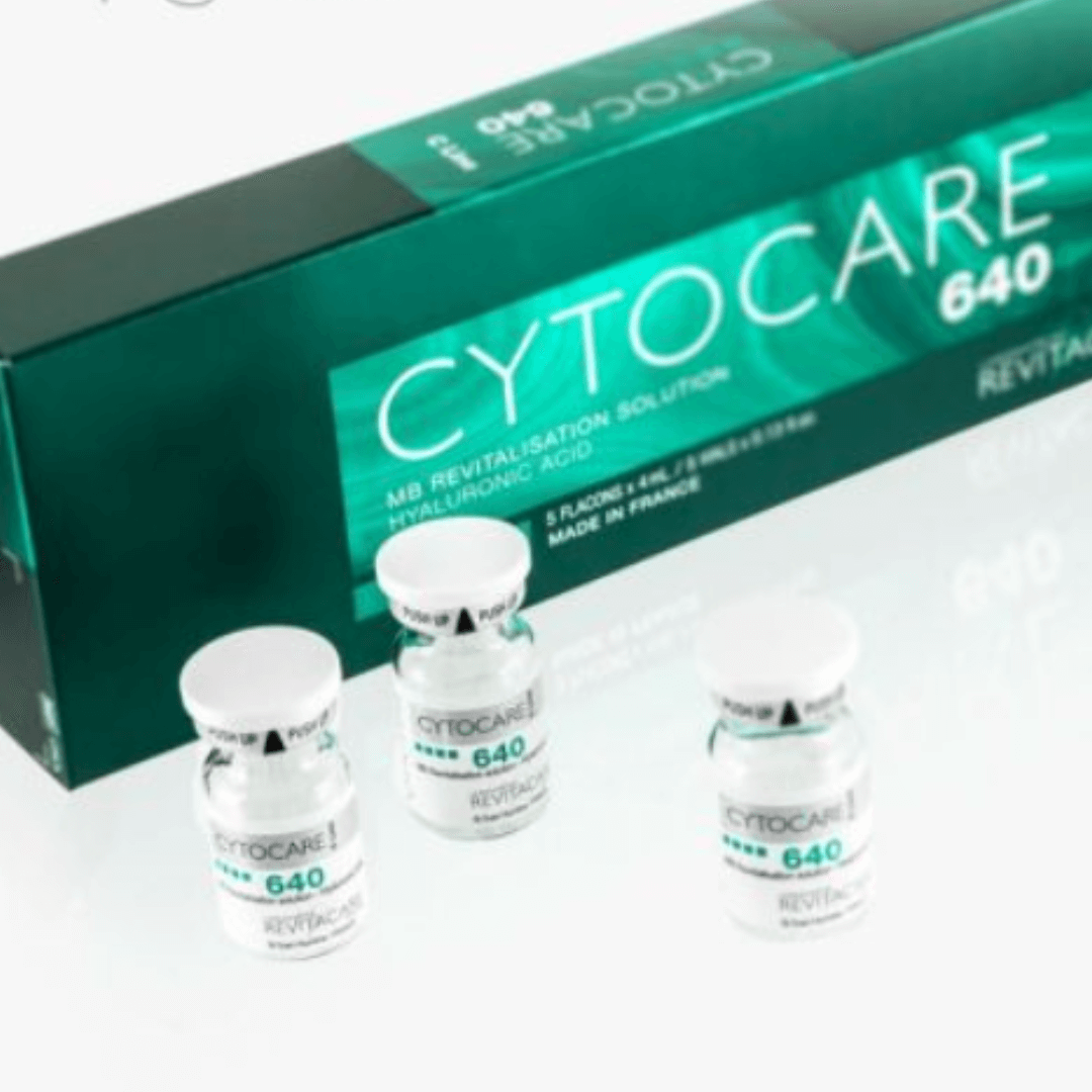 Cytocare 640 packaging with three vials. The box indicates it is a revitalisation solution composed with hyaluronic acid. The pack consists of 5 vials x 4ml each.