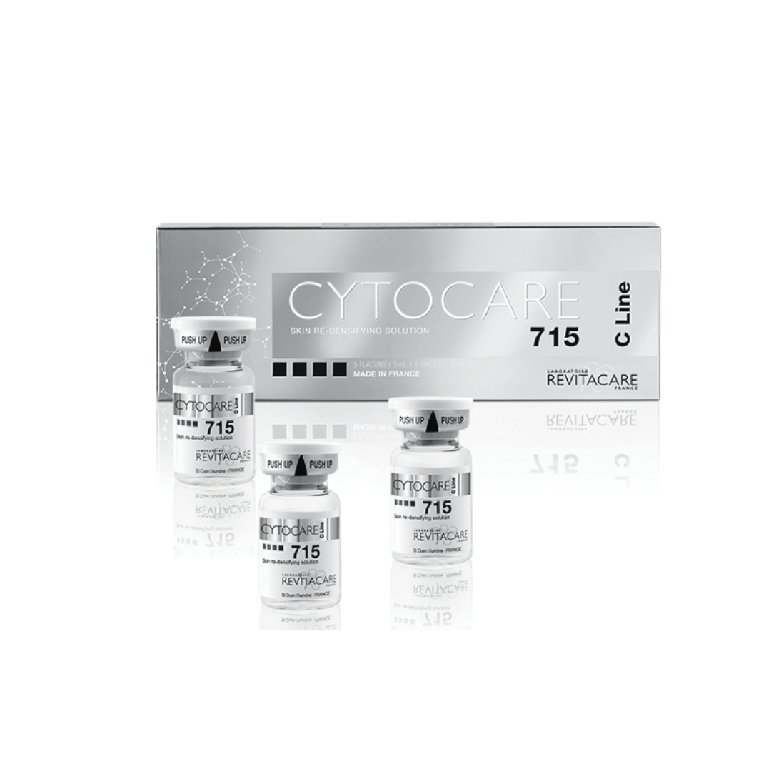 Cytocare 715 C Line packaging and vials. High concentration hyaluronic acid for redensifying skin, plumping effect, and anti-aging properties. Pack of 5 vials, 5ml each.