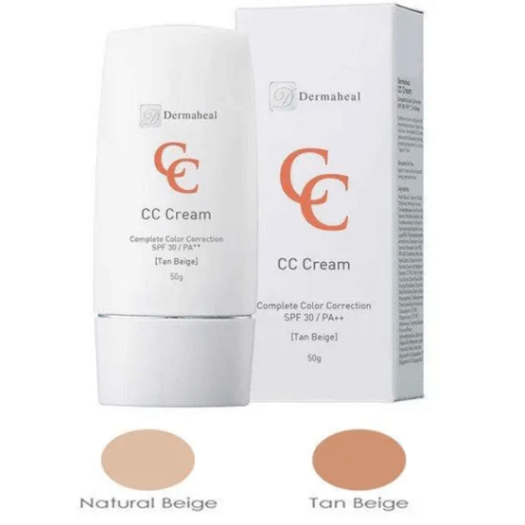 Dermaheal CC Cream Tan Beige, 50g with packaging, includes color swatches for Natural Beige and Tan Beige, hydrates and protects skin, SPF 30.