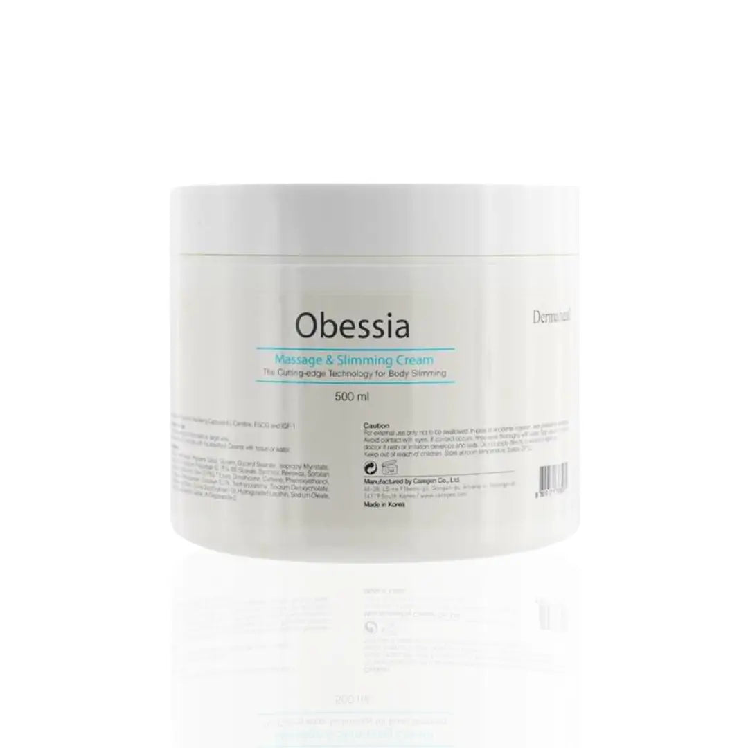 Dermaheal Obessia Massage & Slimming Cream 500ml jar with white packaging, designed for body slimming and skin care routines.