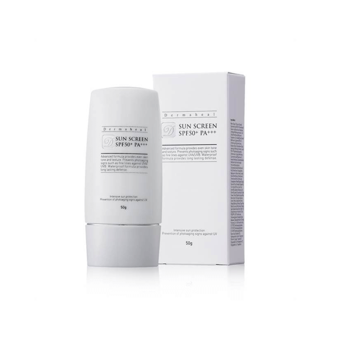 Dermaheal Sun Screen SPF 50+ PA+++, 50g bottle with packaging, protects against UVA and UVB rays, prevents sun damage and wrinkles, non-sticky formula.