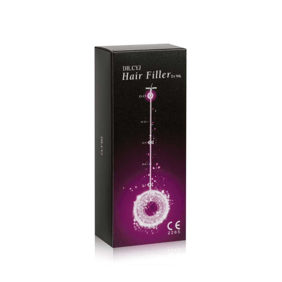 Dr. CYJ Hair Filler box in black with purple particle design, highlights hair revitalization properties, contains 2 x 1ml syringes.