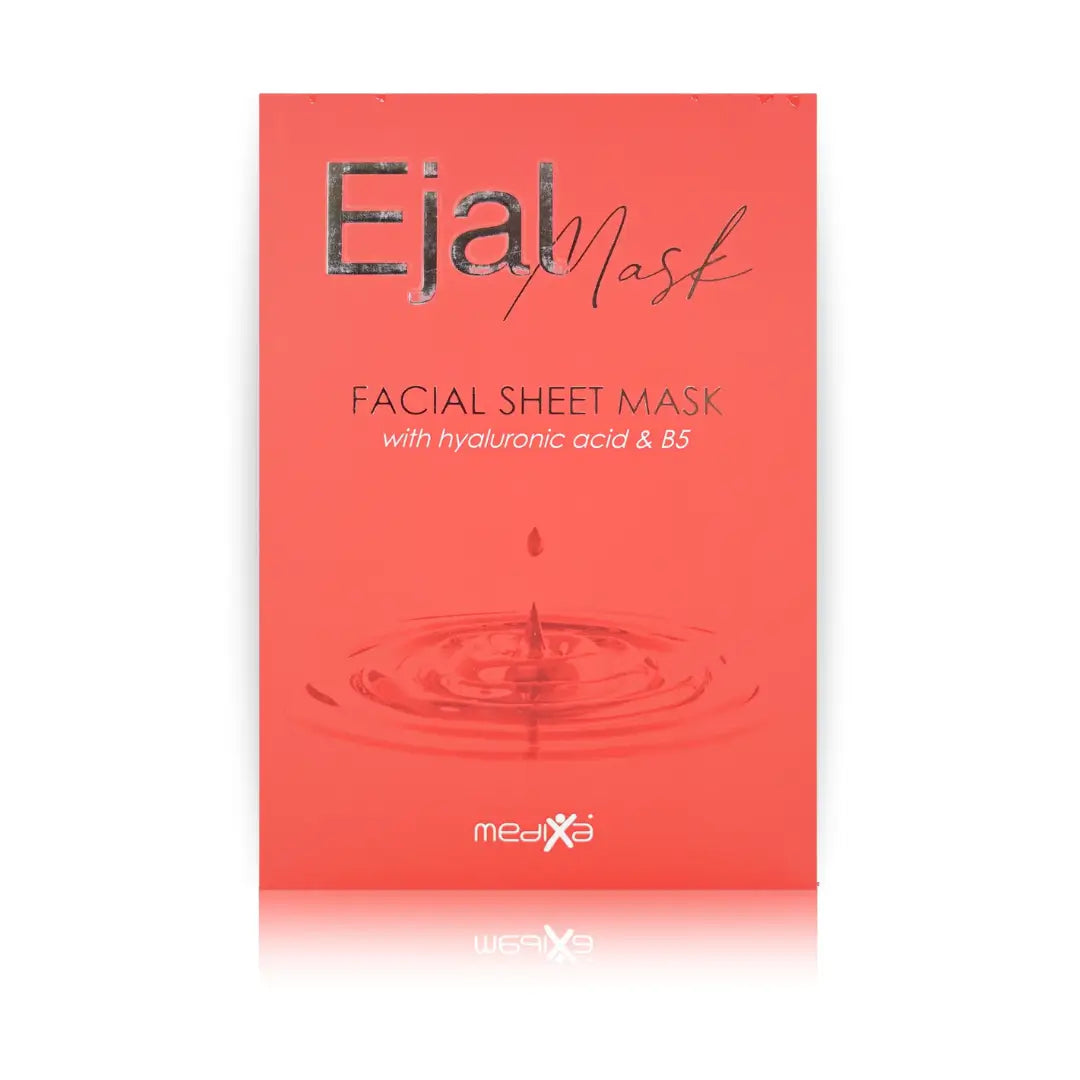 Ejal Facial Sheet Mask box in red with hyaluronic acid & B5 label, offers hydration and skin nourishment, suitable for sensitive skin.