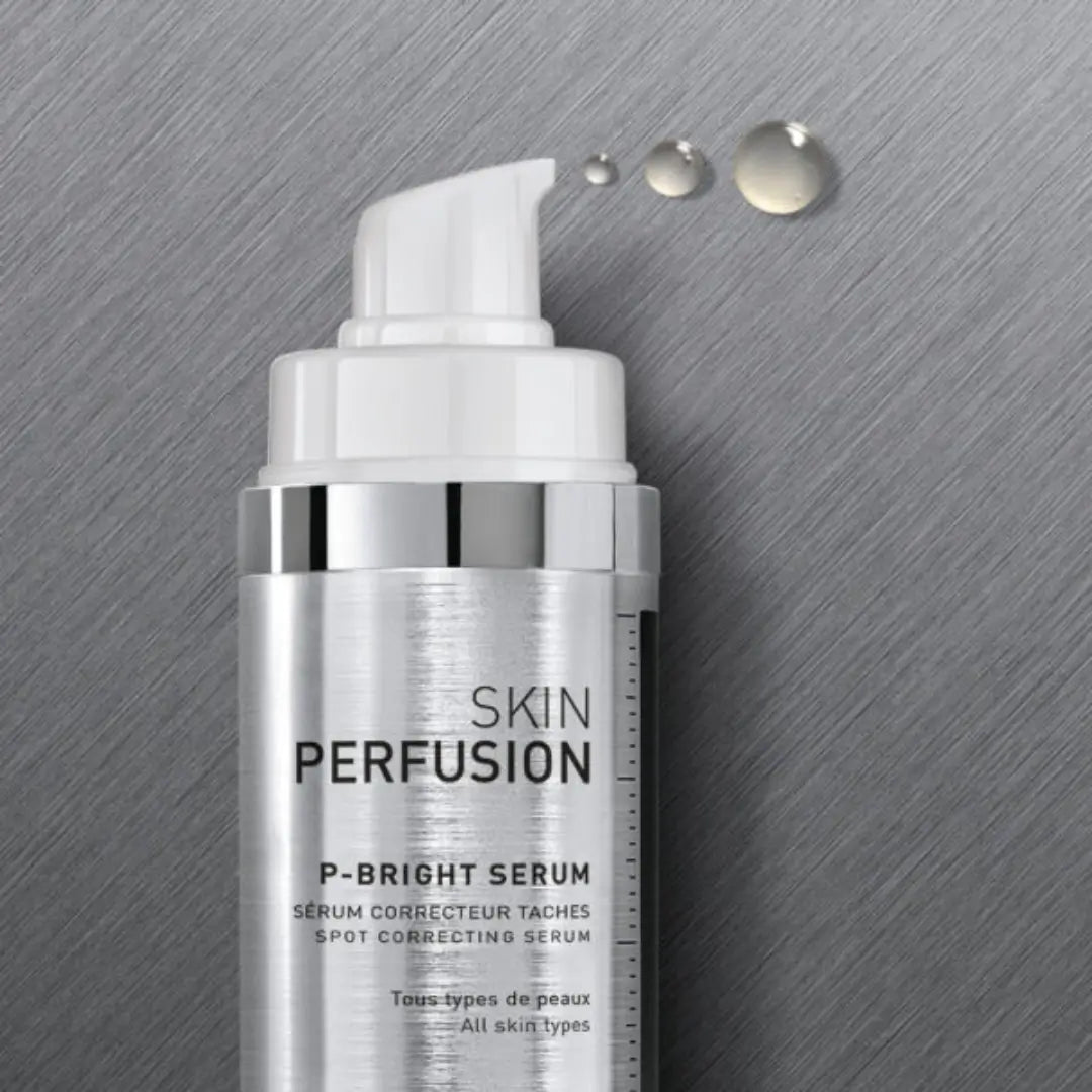 30ml bottle of FILLMED Skin Perfusion P-Bright Serum with droplets, targets hyperpigmentation, exfoliates and brightens skin.