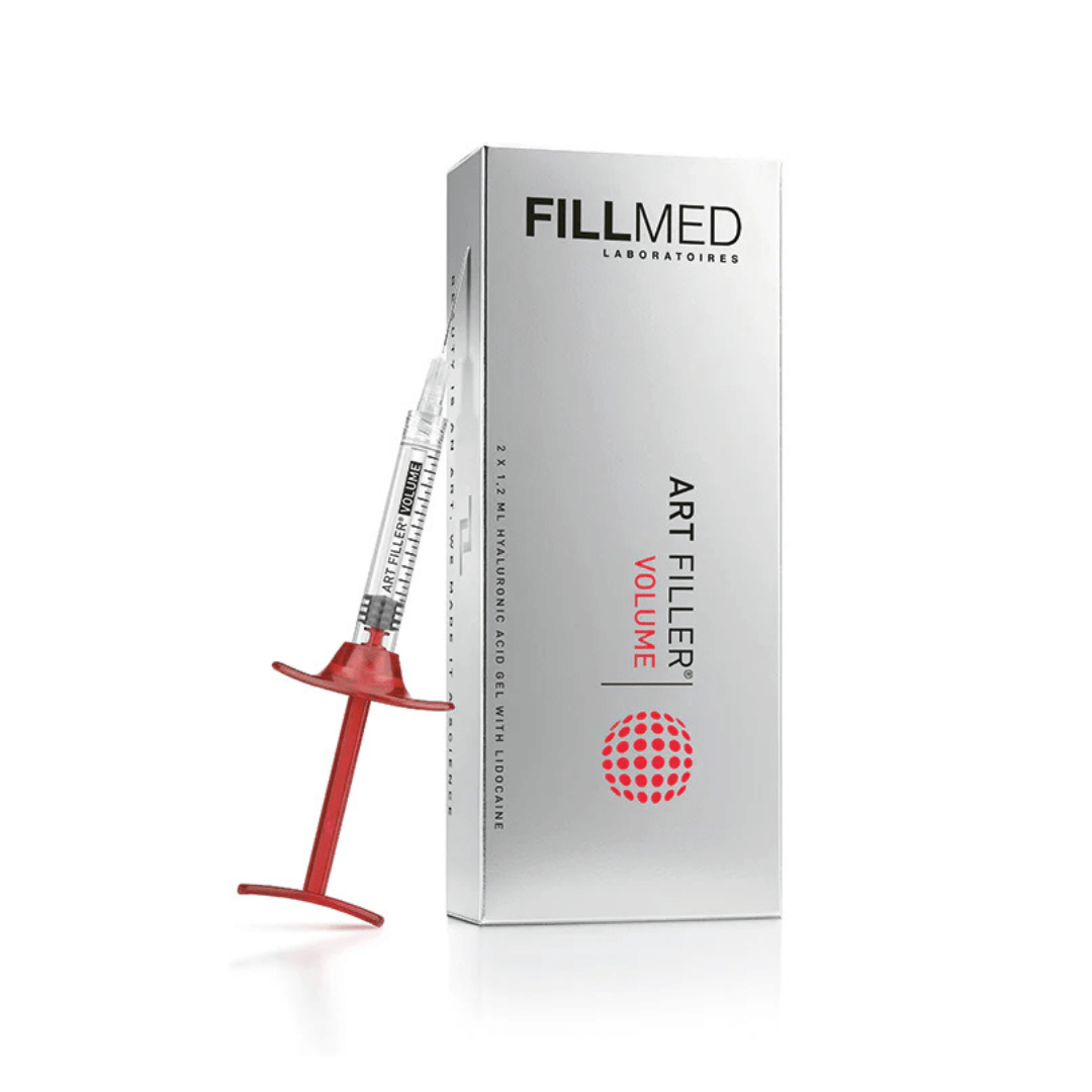 Fillmed Art Filler Volume Lidocaine syringe with red plunger next to a silver box for precise application.