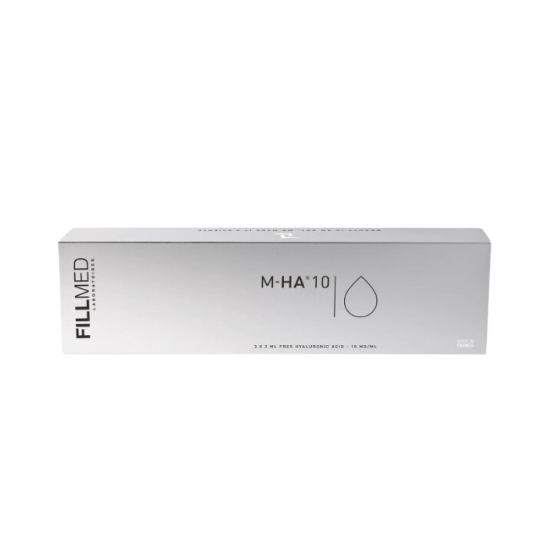 Silver packaging of Fillmed M-HA 10, contains three 3ml vials of hyaluronic acid solution for skin hydration and texture improvement, used in professional settings.