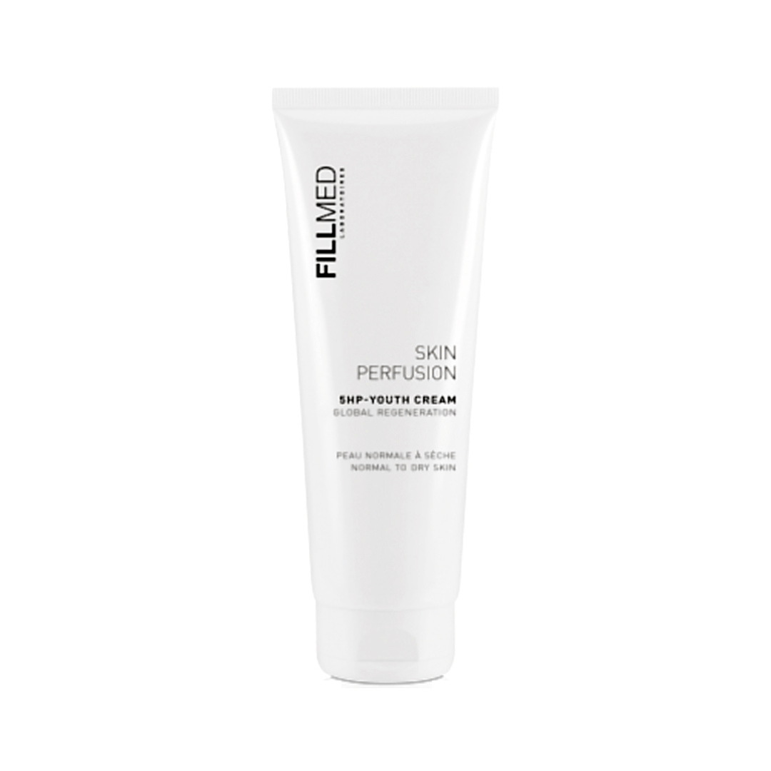 White tube of Fillmed Skin Perfusion CAB 5HP Youth Cream 250ml, moisturizer for normal to dry skin, hydrates and improves ageing appearance.
