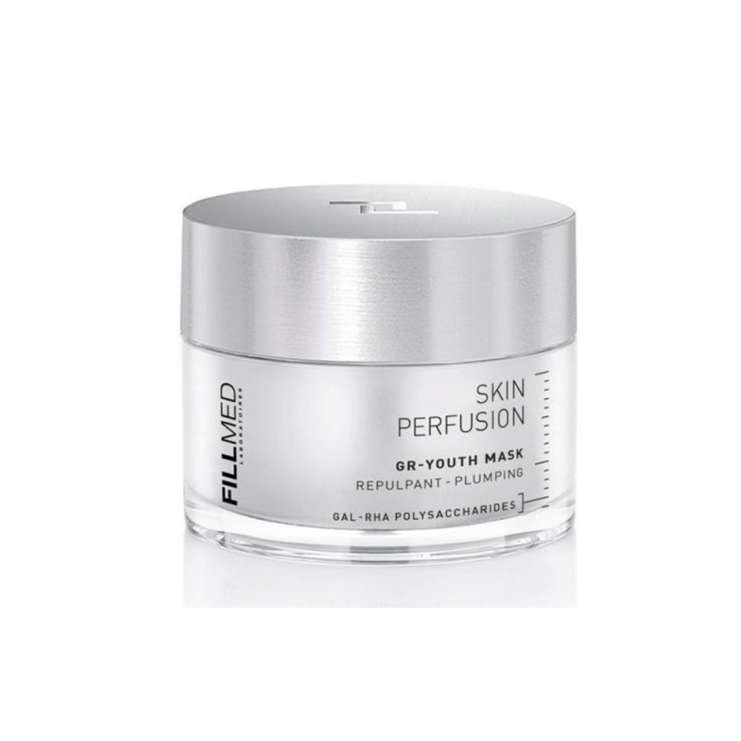 50ml tub of FILLMED Skin Perfusion GR-Youth Mask with lid on, plumps, hydrates, and softens tired, dehydrated skin.