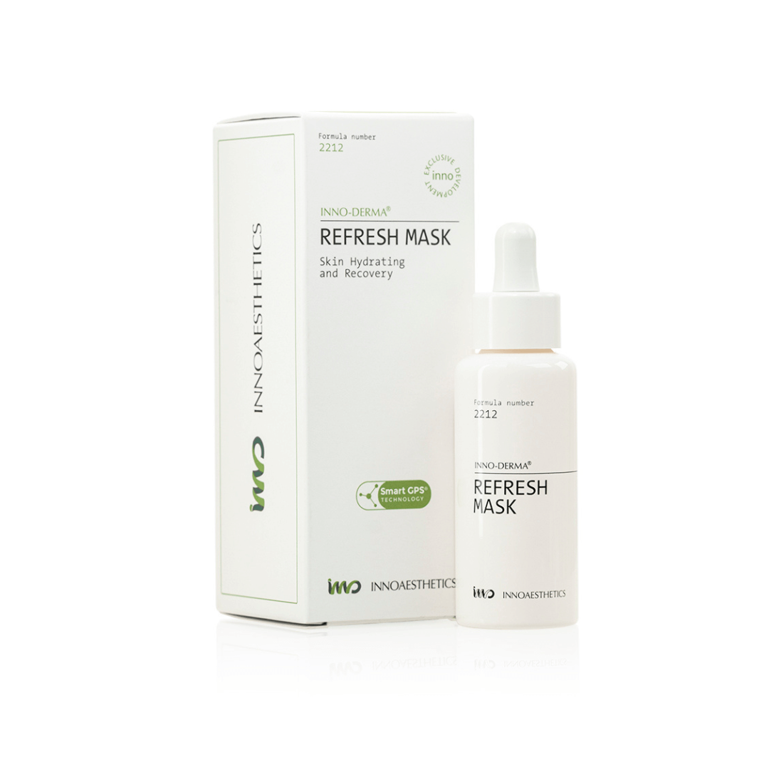 Innoaesthetics INNO-DERMA Refresh Mask 50ML bottle and box, calming face mask for irritated skin and post-aesthetic procedures, white packaging with green accents.
