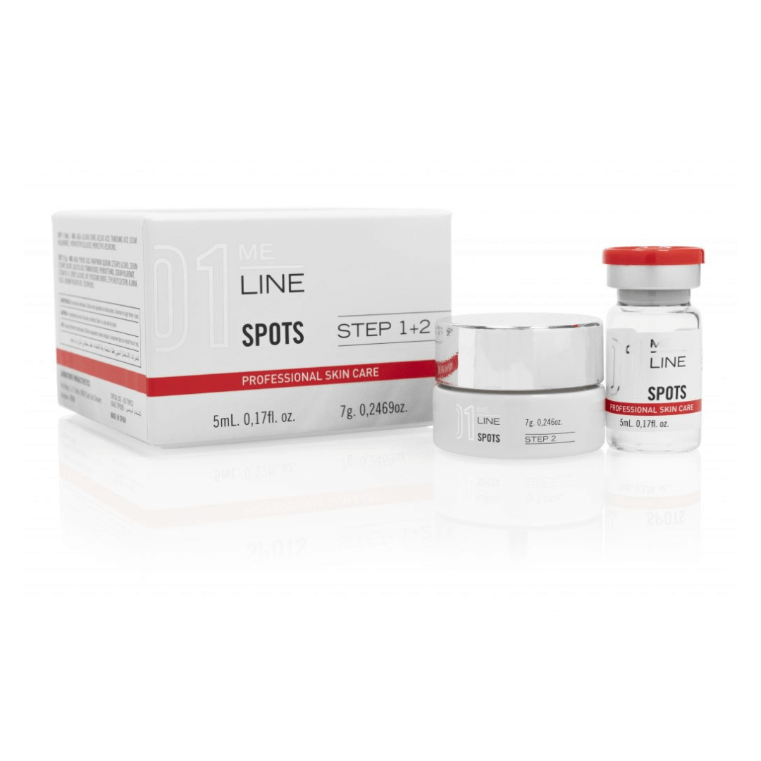 ME Line 01 Spots, depigmenting kit with 1x5ml vial and 1x7g cream jar for treating solar lentigos and hyperkeratosis.