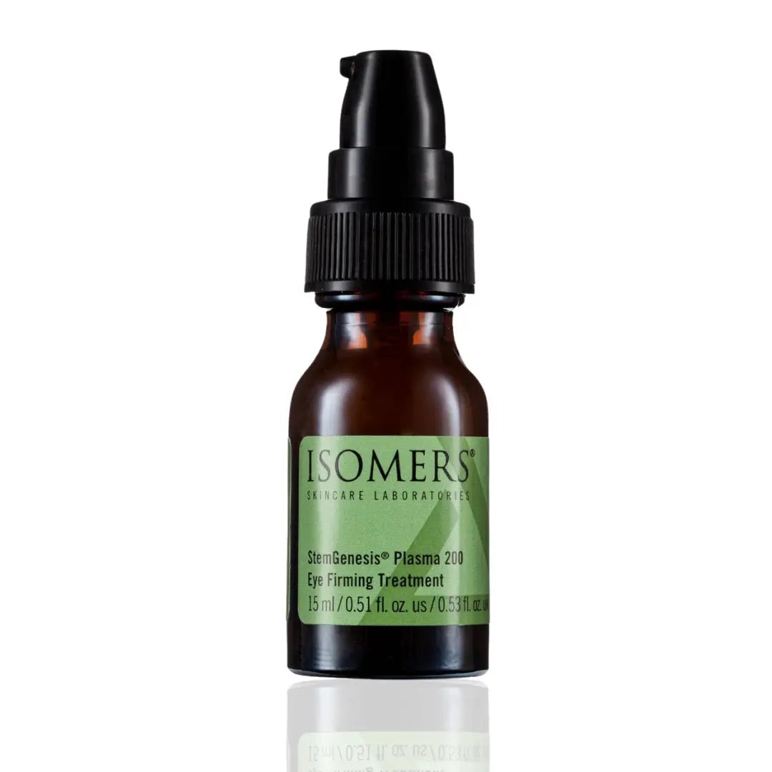 Bottle of Isomers Skincare StemGenesis Plasma 200 Eye Firming Treatment 15ML, showing the product's label and pump dispenser, designed for reducing wrinkles and firming the eye area.