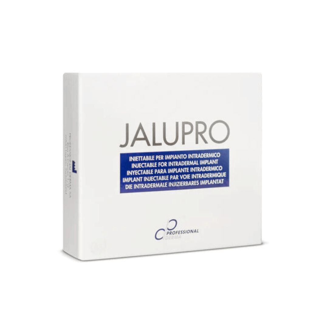 Box of Jalupro Amino Acid (2 Vials x 30mg + 2 Vials x 100mg) for professional intradermal implants, showing the product packaging and description.