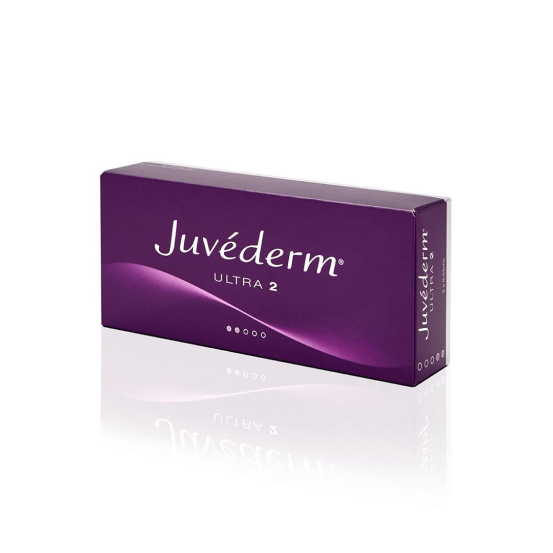Juvederm Ultra 2 box in elegant purple, showcasing its hydration support for professional use around mouth and eyes with two applicators.