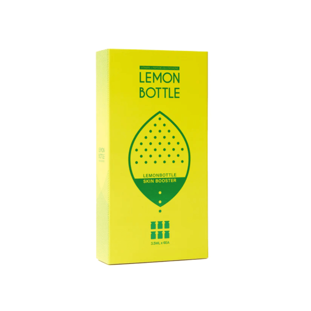 Lemon Bottle SkinBooster packaging, bright yellow with green accents, labeled for face and body hydration and vitamin enrichment.