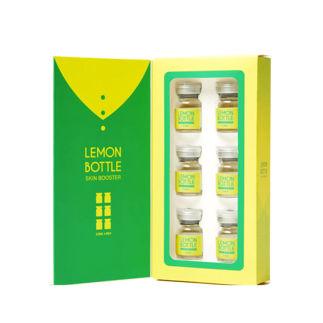 Open Lemon Bottle SkinBooster packaging displaying six vials of skin hydration formula, contrasting bright yellow and green design.