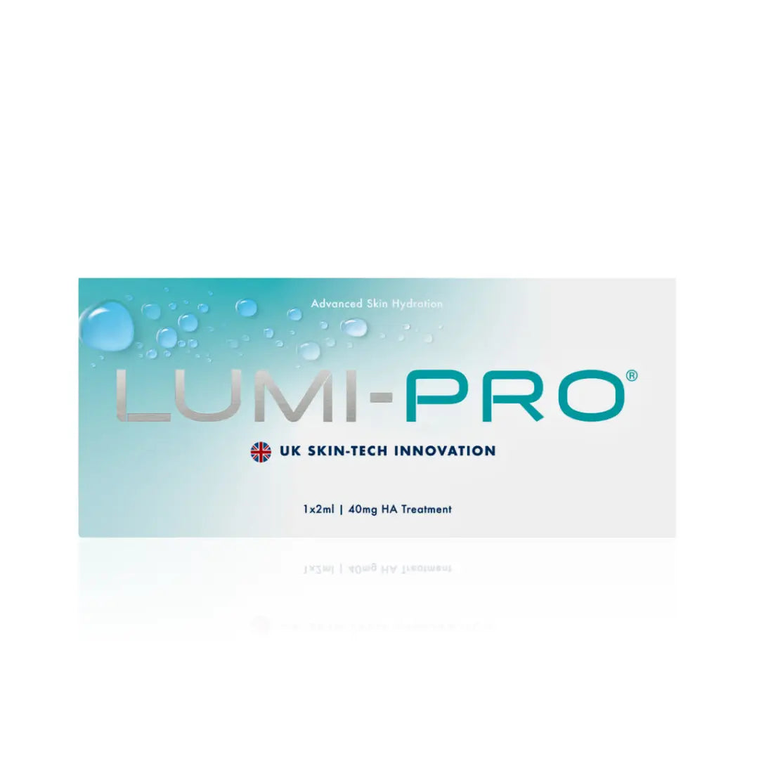 Box of LUMI-PRO with 1 x 2ml vial, featuring a blue and white design, labeled as a UK skin-tech innovation for advanced skin hydration.