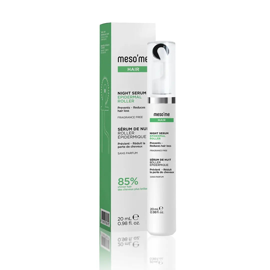 Meso'Me Hair Night Serum 20ml with roller applicator and green box. A fragrance-free scalp care serum for fuller-looking hair and scalp balance.