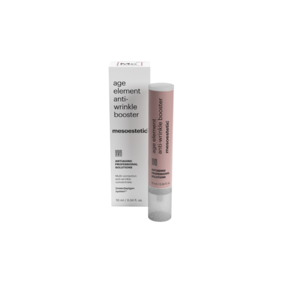 Mesoestetic Age Element Anti-Wrinkle Booster 10ml bottle with box packaging, showing anti-wrinkle concentrate details.