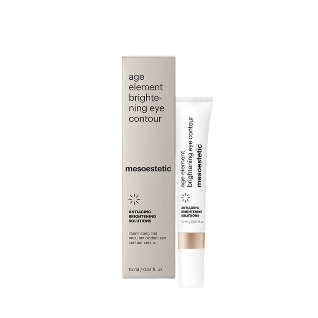 Box and tube of Mesoestetic Age Element Brightening Eye Contour, 15ml, offering a solution to reduce dark circles and enhance under-eye radiance.